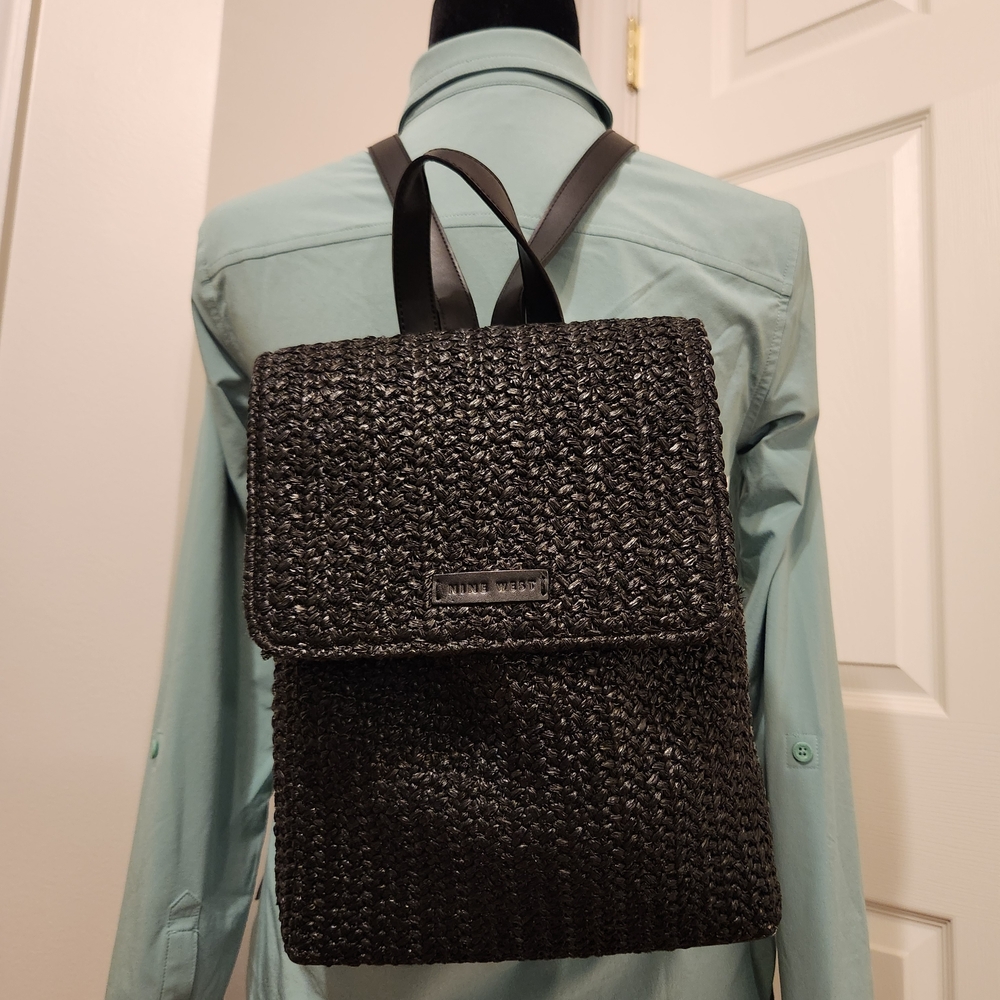 Nine West Black Straw Woven  Backpack